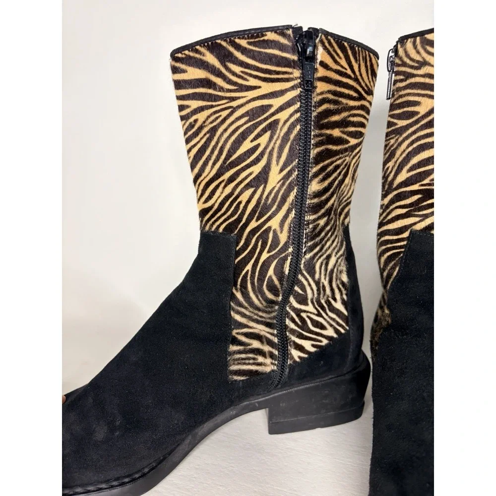 Womens Stuart Weitzman - Black W/ Tan & Brown Animal Print Boots, Zip Up, Size 8